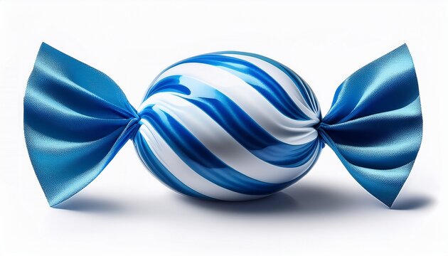 blue and white striped candy in wrapper sweet peppermint swirl treat for party and celebration white background