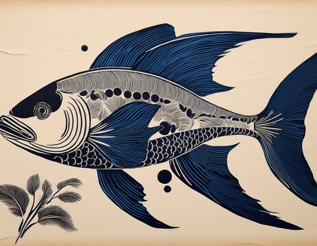 elaborate decorative fish design inspired by japanese woodblock prints in a linocut style with navy and black on cream paper