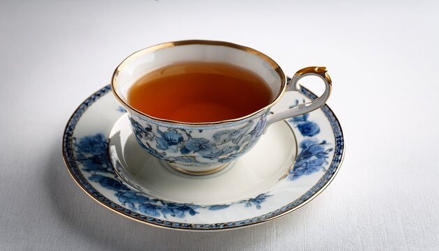 tea in elegant vintage porcelain teacup with floral pattern enjoying afternoon break time white background