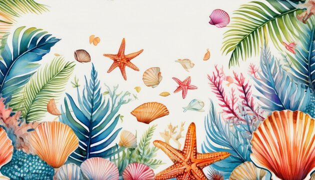 this pattern features hand painted seashells tropical fish coral starfish and palm fronds in vibrant watercolors on a light background