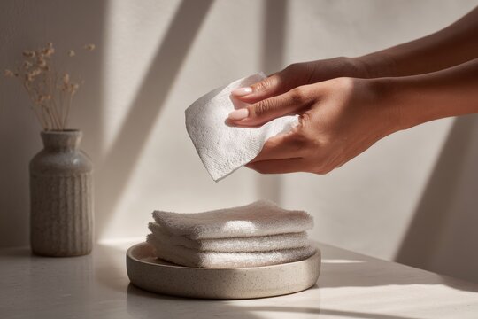 Minimalist beauty shot of a woman&acirc;&euro;&trade;s hands and makeup remover wipes for cleansing
