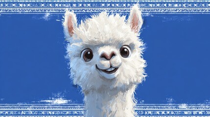 Naklejka premium Playful illustrated alpaca with goofy expression against a solid cobalt field