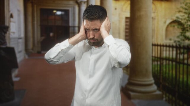 Man covering ears with hands in building portico, white shirt and beard, face grimacing as he holds his head in pain; stress pain.