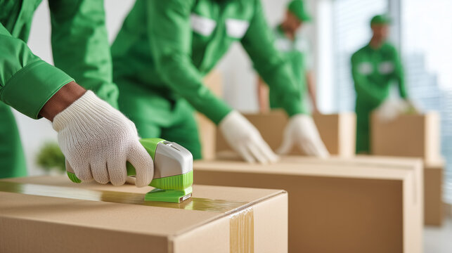 Professional movers sealing cardboard moving boxes with tape dispenser, relocation service, packing process and logistics industry concept.