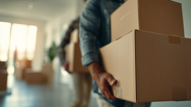 Man carrying stacked cardboard boxes inside modern apartment during relocation, home moving, packing and new house concept with copy space.