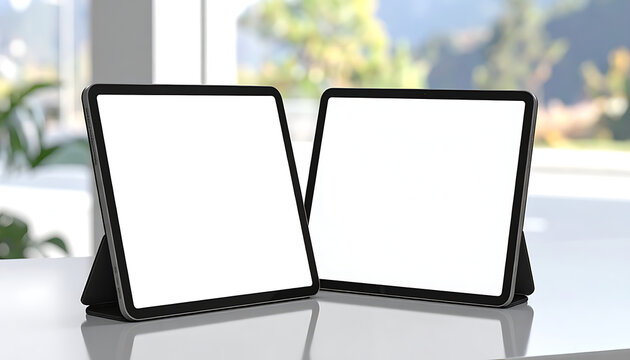 Two blank tablet screens angled towards each other on a reflective surface, with a blurred outdoor background of greenery and sunlight, ideal for presentation mockups or app showcases