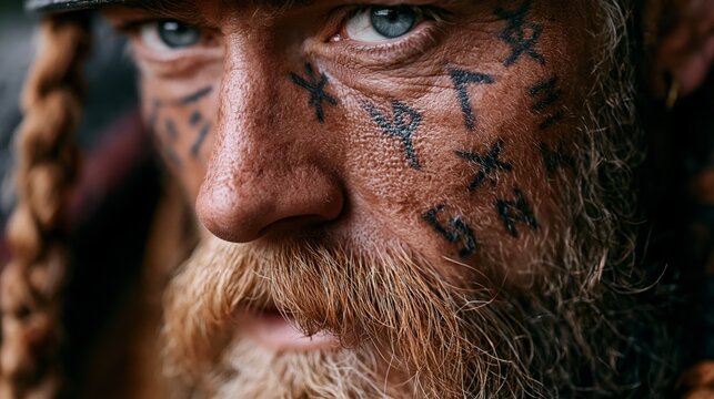 cinematic viking warrior portrait with rune tattoos and braided beard