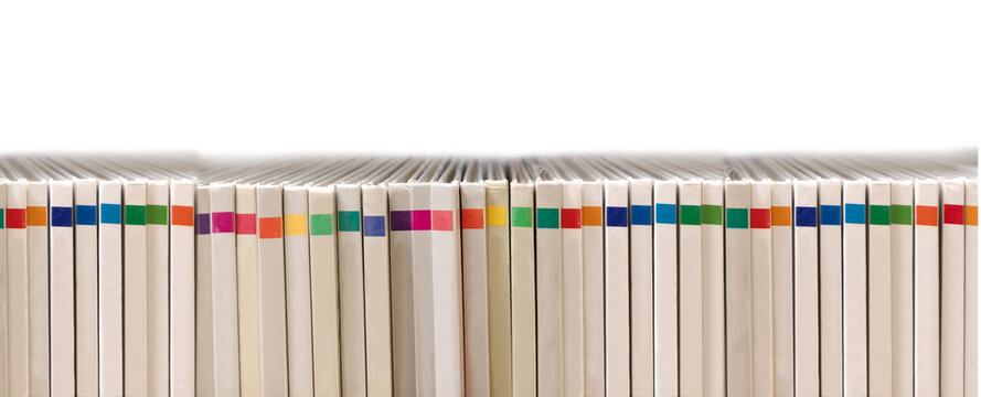 Fila de libros con lomos coloridos alineados sobre fondo blanco, primer plano de una colecci&oacute;n de biblioteca. Colecci&oacute;n de libros coloridos para cat&aacute;logos de publicaciones educativas