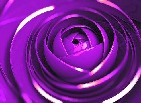 Primer plano de una rosa violeta abstracta con p&eacute;talos espirales brillantes sobre fondo oscuro. Ilustraci&oacute;n 3D art&iacute;stica macro. Imagen art&iacute;stica macro de una rosa violeta abstracta para dise&ntilde;o