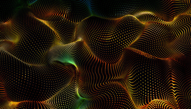 Ilustraci&oacute;n 3D abstracta, patr&oacute;n de onda de puntos dorados y verdes brillantes sobre fondo negro oscuro, textura de tecnolog&iacute;a digital. Textura abstracta de onda de puntos brillantes para dise&ntilde;o