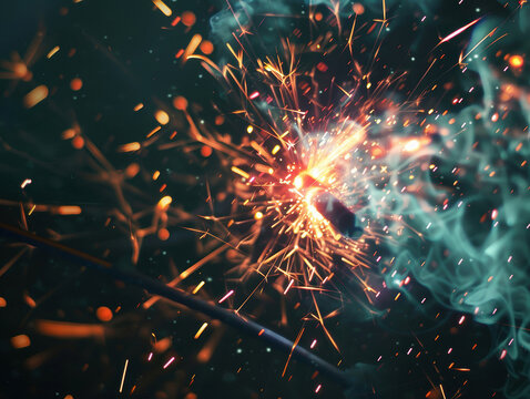 Wire, electrical spark, dark against lighter background, bright white sparks with hints of yellow and blue, dynamic irregular shape, abstract dark background, high-tech context, upward - AI-Generated