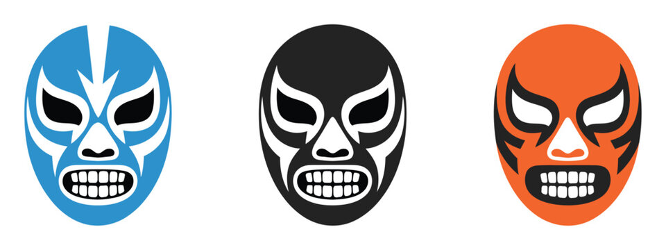 Colorful wrestling mask collection featuring vibrant Mexican lucha libre designs with bold patterns, dynamic shapes, and energetic cultural vector illustration style.
