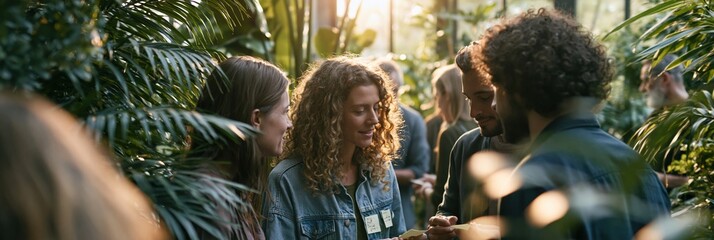 Fototapeta premium Group of adults practicing language skills with sticky notes during an interactive session surrounded by vibrant houseplants and warm natural light in a collaborative setting.