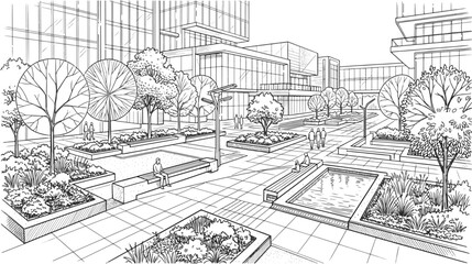 Modern Architectural Perspective Line Art of Urban Plaza with Office Buildings and Landscaped Garden © marjan