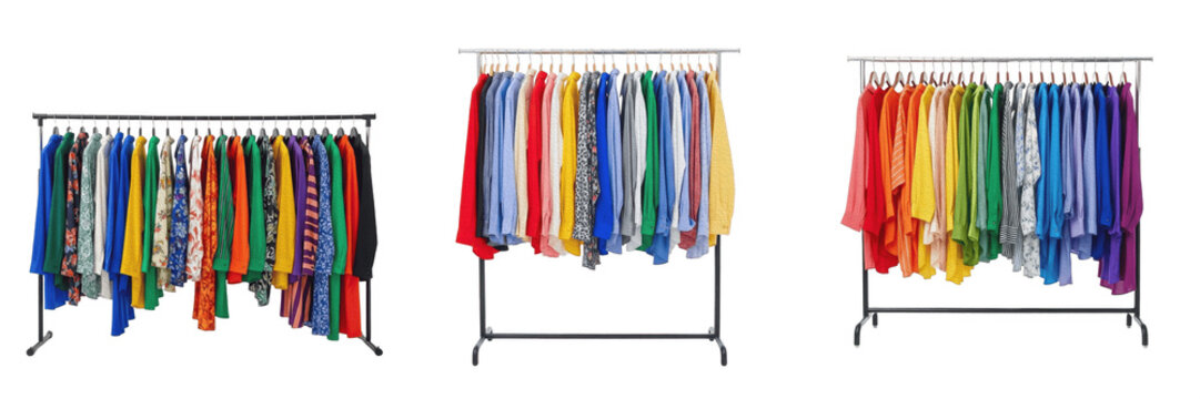 Colorful Clothing Racks Isolated on Transparent PNG Background, Organized Wardrobe Hangers with Various Shirts, Fashion Retail Display Elements, Apparel Shop Storage Collection for Clothing Store Bran