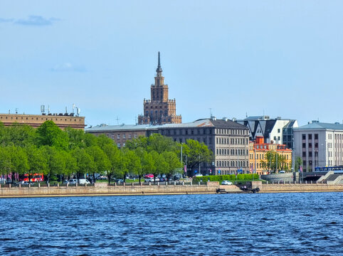 Latvian Academy of Sciences Stalinist Skyscraper Skyline Across Daugava River &mdash; Riga Soviet Era Architecture, Historic High Rise Building, City Waterfront Embankment 