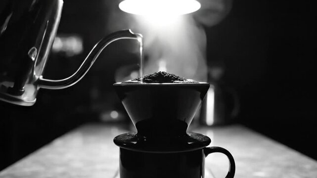 Brewing coffee with slow pouring kettle over fresh grounds in ceramic dripper with steam and warm light in black and white