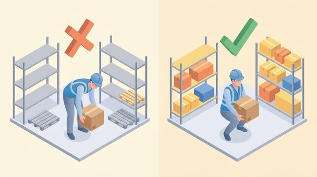 Two scenes show a worker lifting a box with the wrong technique and the correct technique in a warehouse setting for safety training.