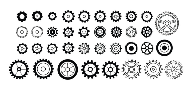 Gear icon set featuring clockwork signs and mechanical symbols for engineering, industrial systems, automation, and machinery vector illustration design.