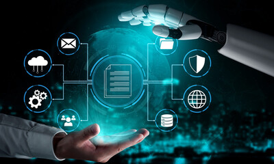Obraz premium Futuristic Concept of Data Exchange Between Human Hand and Robotic Hand with Digital Elements and Icons Representing Technology and Communication Haptic.