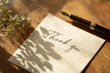 Fototapeta premium Handwritten thank you note on textured paper with warm desk lighting