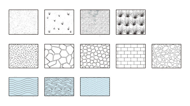 Landscape Architecture Material Hatch Patterns with Sand Stippling Grass Water Waves and Paving Brick Textures