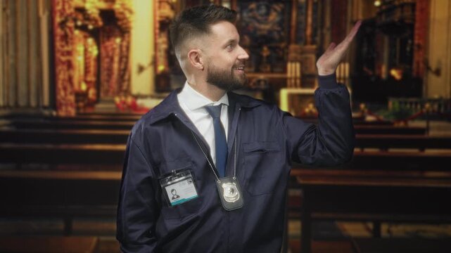 Man police badge visible raising right hand palm up inside ornate church building wearing tie and lanyard; calm duty.