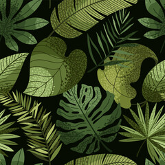 Seamless pattern of tropical leaves. Exotic summer paradise. Green jungle. Blooming garden. Vector illustration. © FRIEVA