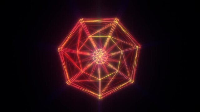 Red and yellow glowing wireframe polyhedron on a dark background