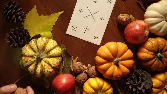 Hands arranging autumn harvest with pumpkins, pinecones and apples on warm wooden table target card for text, scattered leaves, soft warm lighting, closeup tabletop composition ideal for seasonal