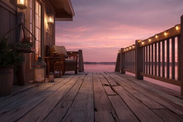 Obraz premium Twilight on a wooden deck: warm glow and tranquil outdoor living at dusk