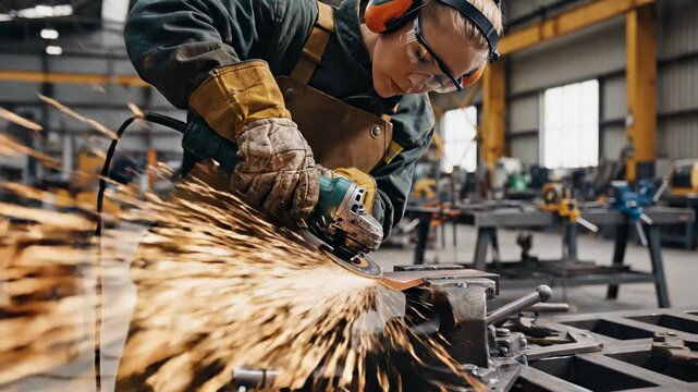 Focused craftsperson diligently shaping metal with an abrasive grinder, showering sparks during a vibrant industrial manufacturing process within a bustling workshop environment, showcasing