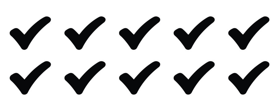 Check mark symbol collection showing clean tick icons for confirmation, approval status, checklist completion, and quality control design use.