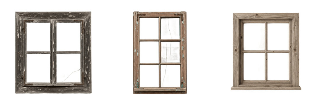 Set of Rustic Wooden Window Frames Isolated on Transparent PNG Background, Vintage Timber Window Pane Elements for Interior Design, Weathered Wood Frames for Architectural Projects, Blank Window View 