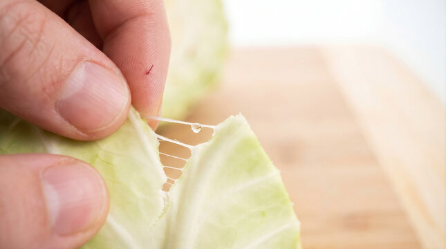 Fingertips Tearing Cabbage Leaf Revealing Fibrous Veins &ndash; Crisp Snap Macro &ndash; Tensile Fracture &ndash; High‑Key Clinical Diffused Overhead