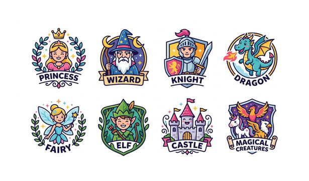 Fairy tale character logo design set vector illustration fantasy mascot collection