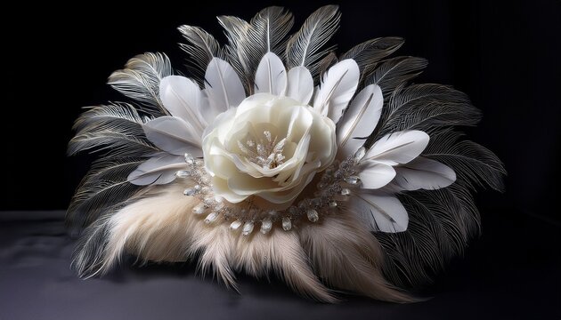 feathered fascinator with a large bloom and delicate tendrils a striking headpiece