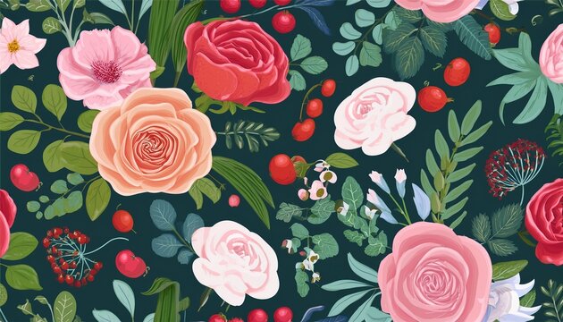 floral seamless pattern with roses garden flowers and plants fruits berries for fabric textiles clothing wrapping paper cover banner home decor