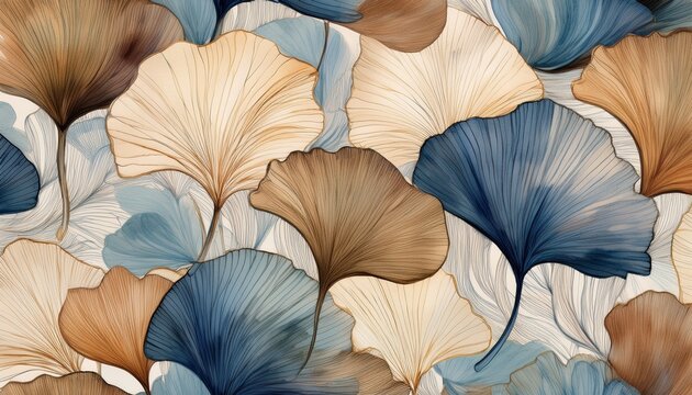 organic repeating pattern of watercolor ginkgo leaves in soft beige warm brown and dusty blue for design luxury packaging and tranquil wallpapers or fabrics