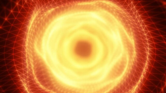 Red orange wireframe vortex with glowing central portal, geometric mesh structure