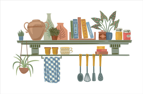 Kitchen shelf with dishes, books and houseplants. Cottage Core. Vector isolated illustration. Design element