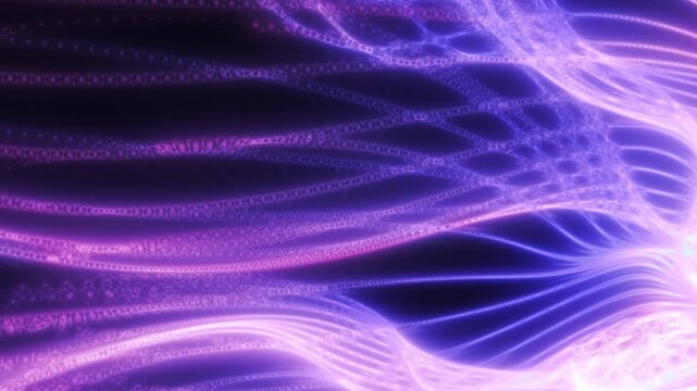 Glowing purple fiber network with organic strands, luminous filaments