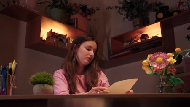 Young brunette caucasian woman immersed in drawing at her desk. Female student intently absorbed in her written work amid floral decorations at her evening workspace in living room with shelves
