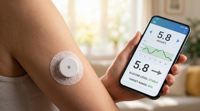 Female holding smartphone showing glucose level app near continuous monitor sensor on arm for diabetes management. Insulin-dependent diabetes. Blood sugar monitoring. Medical symptoms with copy-space.