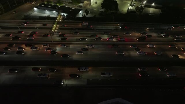 Busy Freeway at Night Los Angeles California Drone Aerial Footage