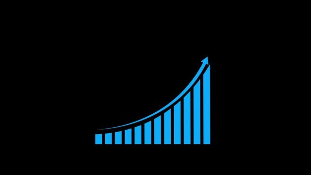 Bright blue bar chart with upward trending arrow on black background