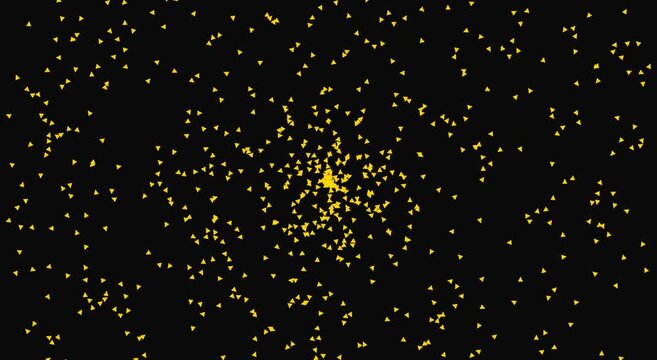 Golden triangle particles swirling in abstract motion on animation black background