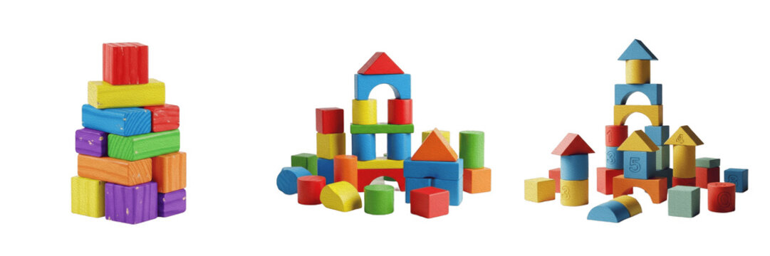 Colorful Wooden Building Blocks Tower and Castles Isolated on Transparent PNG Background, Educational Toys for Kids, Creative Construction Set, Vibrant Stackable Blocks for Children, Kids Playroom Gra