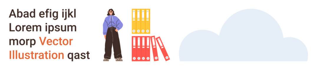 Organization, data storage, digital backup, workplace management, cloud technology, documentation processes. Woman stands next to colorful file folders and cloud icon. Organization and data storage © robu_s