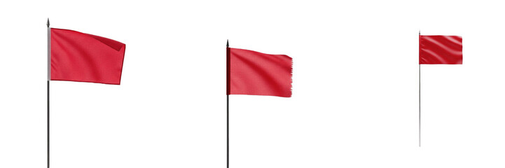 Fototapeta premium Red Flags Waving on Poles Isolated on Transparent PNG Background, Realistic Fabric Flag Collection, Signage for Warning or Event Decoration, Blank Red Banner Elements for Business and Sport Design